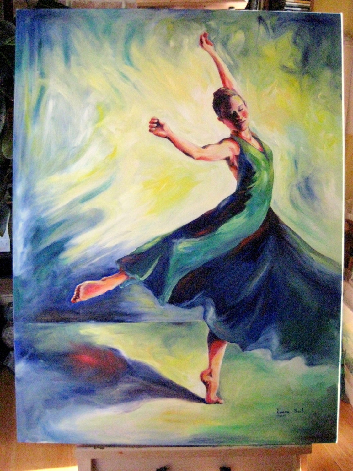 Dancer in Blue ballerina ballet large original oil painting