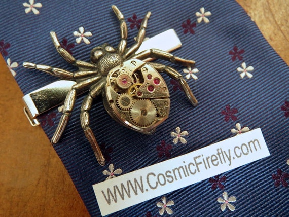 Steampunk Tie Clip Steampunk Spider Tie Clip Vintage Watch Movement Silver Tie Bar Gothic Victorian Men's Tie Clip Gifts For Him by CosmicFirefly steampunk buy now online