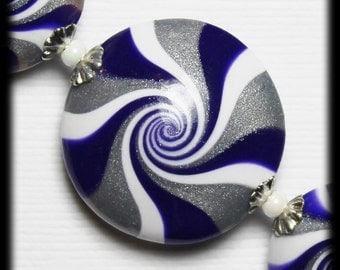 RazzMaTazz... Handmade Polymer Clay Beads Set Purple Violet White Silver Bead Caps Swirl Spiral Jewelry Supplies Sparkly Glittery Metallic
