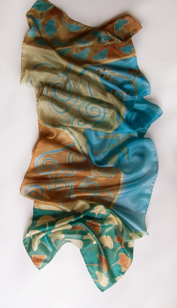 Hand painted silk scarf in decorative style. Silk scarf. Klimt