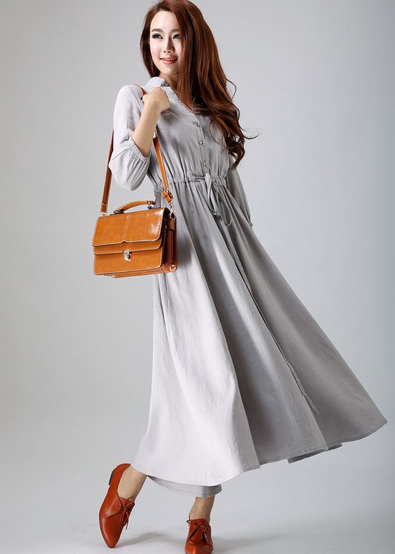 Grey dress women linen dress custom made long dress (785)