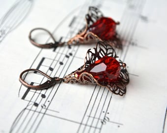 Glass Antiqued Copper Filigree Red Earrings Beaded Dangle Earrings Leverback Victorian