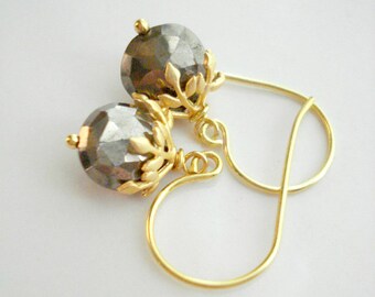 Pyrite Stone Earrings In Gold, Beige Earrings, Gray Earrings, Drop Gold Earrings, Gift For her Under 50