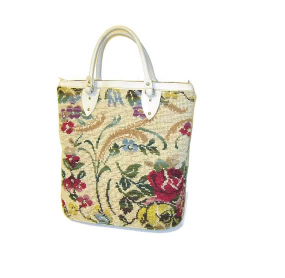 Vintage 60’s Carpet Bag Needlepoint Oversized Tote Travel market Mad