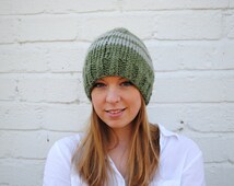 Green &amp; Gray Pacific Coast Highway Hat - Handmade Green and Gray Knit Wool Striped Beanie - il_214x170.577874376_c710
