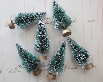 6 miniature bottle brush trees - 2.5 inches - green, flocked, sisal