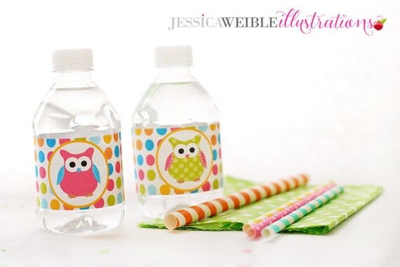 Polka Dot Owls Matching Printable Party Water Bottle Labels, Owl Party Printable, Polka Dot Owl Printable Wrappers Il_570xn