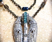 Repurposed art deco, assemblage vintage rhinestone brooch necklace