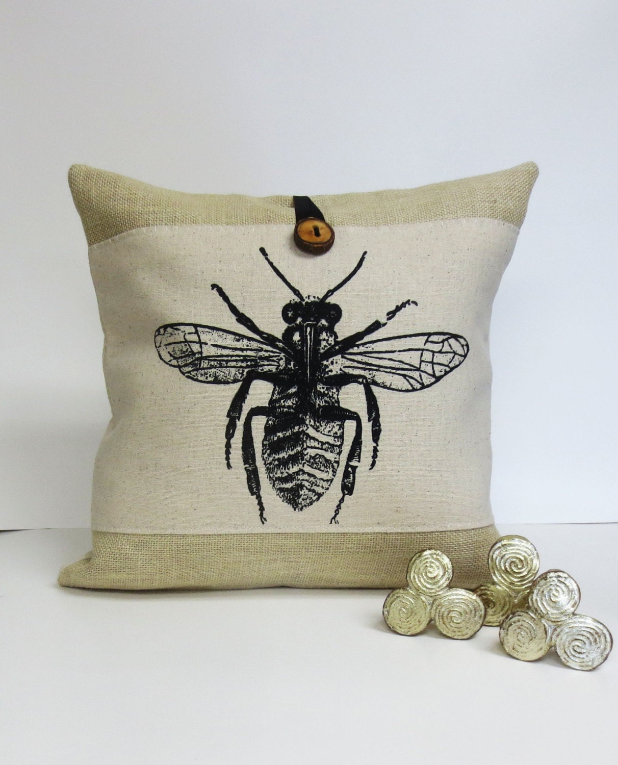 Bee Insect Screen Print Pillow Burlap Pillow Decorative