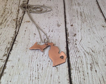 Michigan Necklace Personalized with Heart Copper Detroit Traverse City Saginaw Grand Rapids hand stamped unisex style MI Pure Michigan
