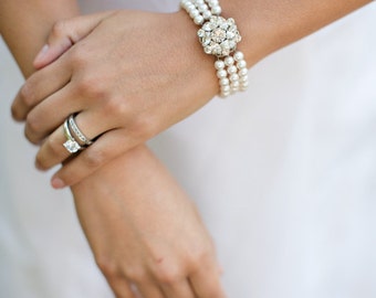 Bridal Bracelet, Rhinestone Bridal Bracelet, Swarovski Bridal Bracelet, pearl Bridal Bracelet, Wedding Pearl bracelet, Bridal cuff, NATALEE