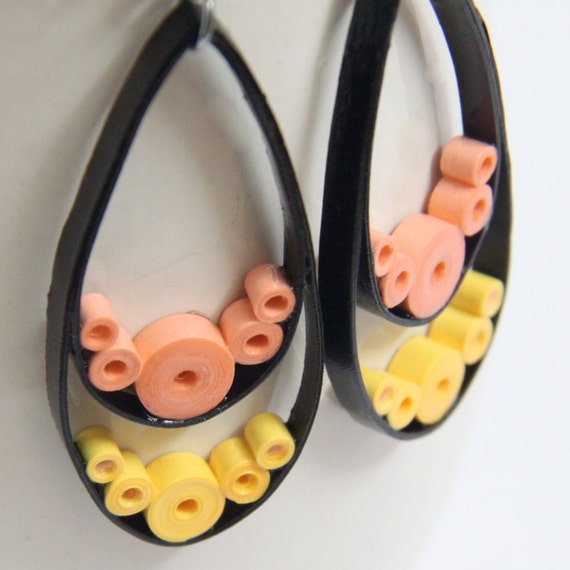 CIJ 30% off Big Teardrop Earrings Neon yellow orange and black Niobium Eco Friendly Artisan Jewelry hypoallergenic