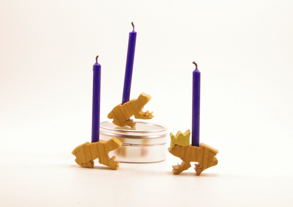 Happy Birthday Candle Holders Trio of handmade frogs & tin