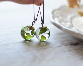 Fern earrings - terrarium jewelry, fern terrarium, pressed leaves, nature jewelry, maidenhair fern, eco resin jewelry