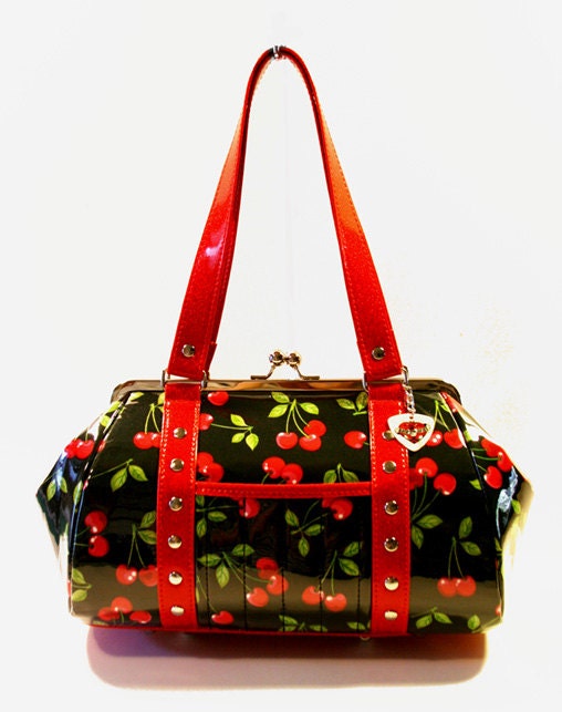 Cherry Handbag Vinyl Trim Kisslock Frame Rockabilly Bag Pin Up