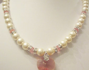 Swarovski Pearl and Crystal Necklace - Cream Swarovski Pearls and Rose Peach Crystal Heart - Wedding, Bride, Bridesmaids