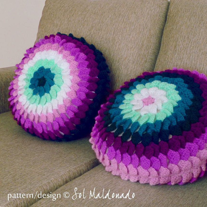 Crochet Pattern Round Pillow PDF Flower Cushion Photo by bySol
