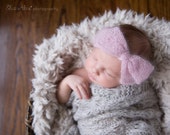 Newborn Photo Prop Headwrap, Lavender Mohair Silk Knit Bow Headband Baby Girl Photo Prop Purple Bow, Newborn to Small Baby Size (Item 1641)