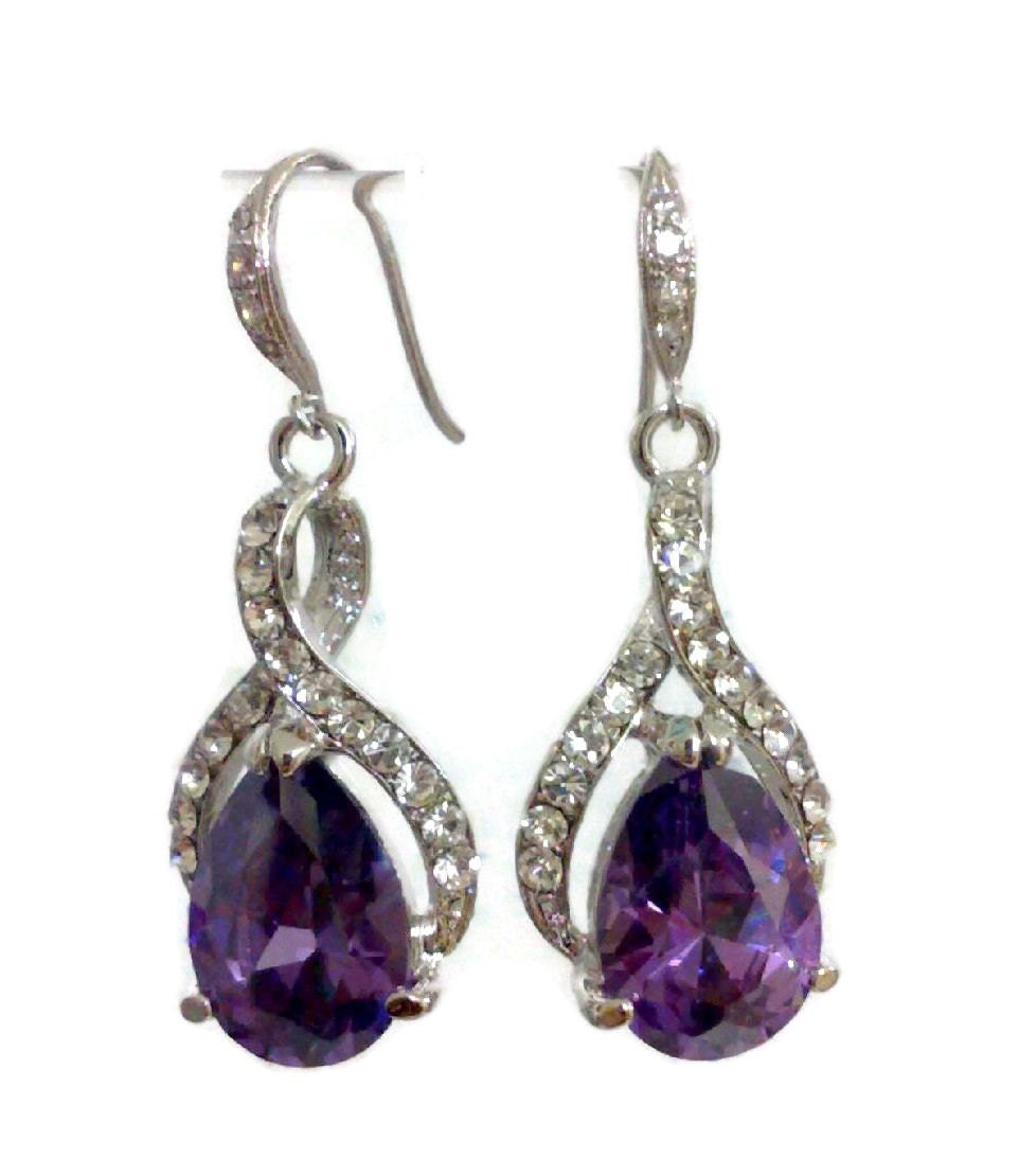 Purple Bridal Earrings Cz Bridesmaid Earrings Teardrop