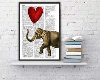 Summer Sale Elephant with a Heart shaped balloon print Elephant in love Printed over vintage dictionary book page ANI083b