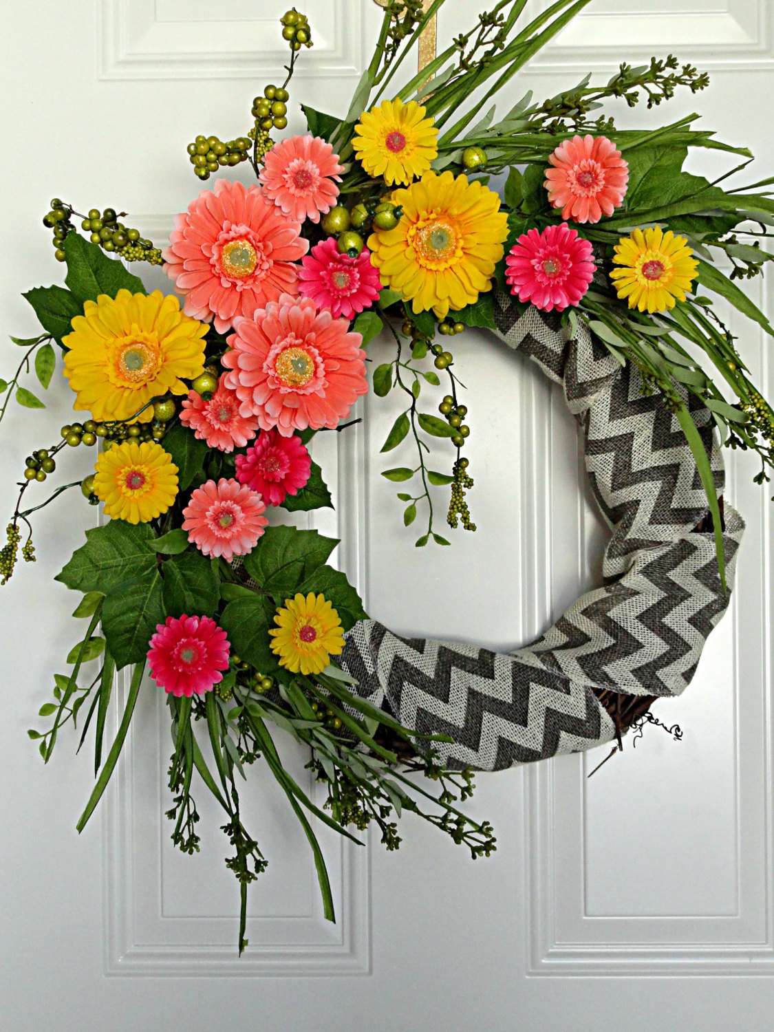 Gerbera Daisy Wreath Front Door Spring Summer Wreath Chevron