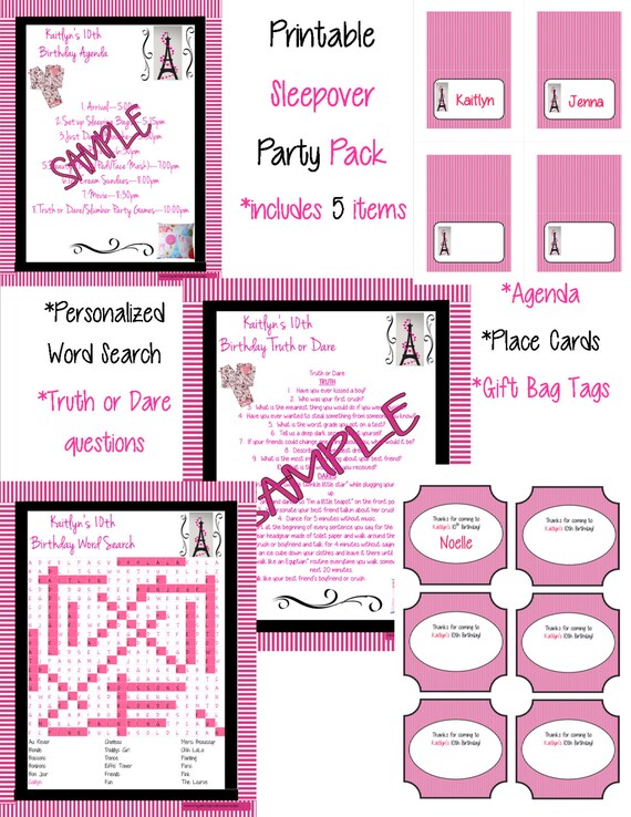 Items similar to PRINTABLE Slumber Sleepover Party packincludes Agenda