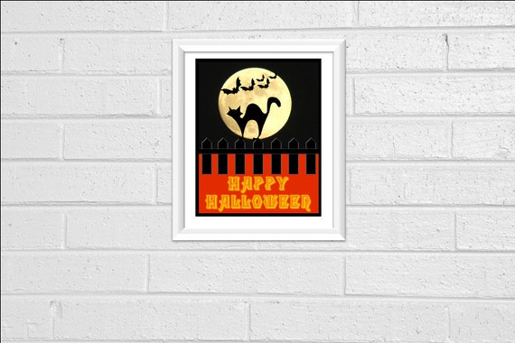 Happy Halloween Print Art Print Wall Decor 8x10 Downloadable Printable Digital Orange Black Cat Moon Bats Decor Decoration Sign Silhouette