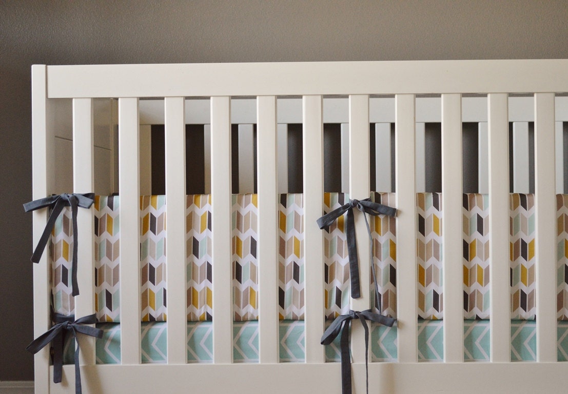 Chevron Crib Bumpers Chevron Slices Mint and Gold Crib