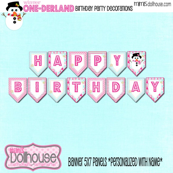 Personalized Winter One-derland Pink Happy birthday Banner-Winter Happy Birthday Banner Pink- Winter Wonderland Happy Birthday Banner -PDF Il_570xn