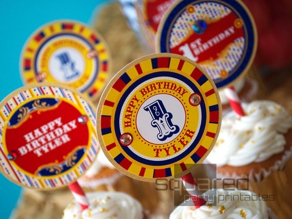 Vintage Circus Cupcake Toppers - Printable Carnival Birthday Party Circles & Logo Package - Primary Colors - DIY Print Il_570xn
