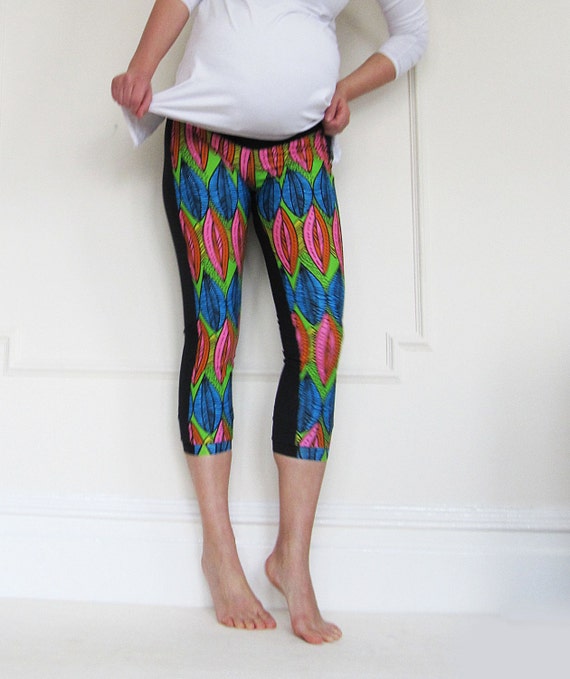 Maternity Duo Neon Colours Print Capri Leggings under Belly