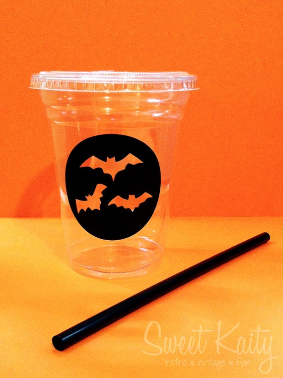 24 Halloween Bat Disposable Party Cups, Lids and Plastic Straws - 12 oz or 16 oz - Halloween Party Il_570xn