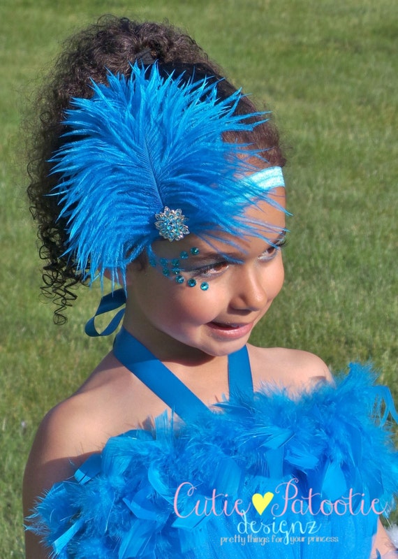 READY TO SHIP: Stretchy Feather Headband - Turquoise Blue - Blue Macaw Bird Costume Accessory - Jungle Jewel - Fits toddler to adult Il_570xn