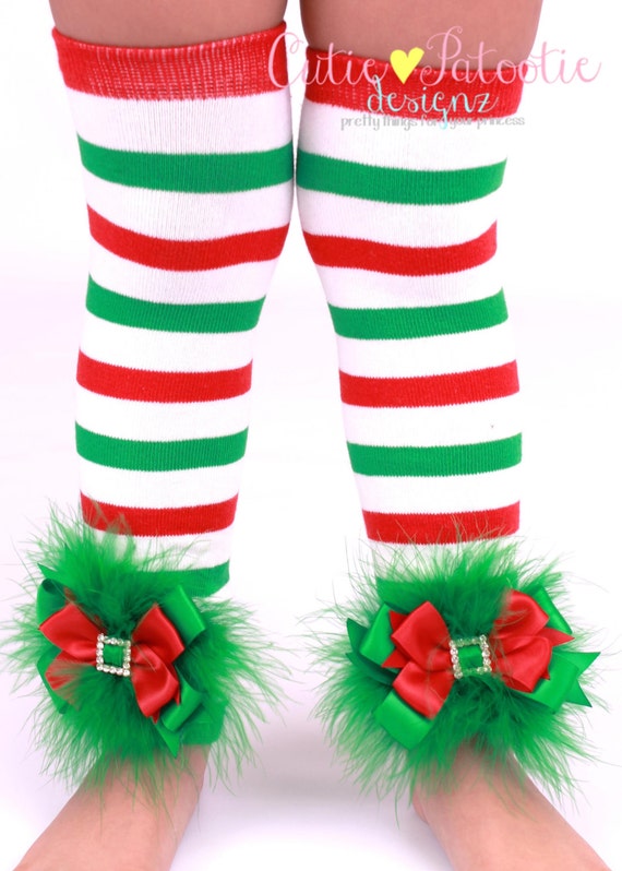 READY TO SHIP: Leg Warmers - Red, Green and White Striped - Elegant Elf Holiday Outfit Accessory - One Size - Cutie Patootie Designz Il_570xn