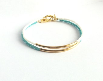 Gold Bar Bracelet Set in White and Turquoise, Set of 2, Dainty ...