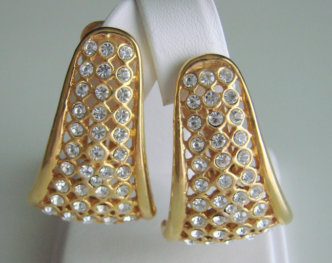 Large Modernist Rhinestone Clip Earrings / Goldtone / Vintage Jewelry / Jewellery