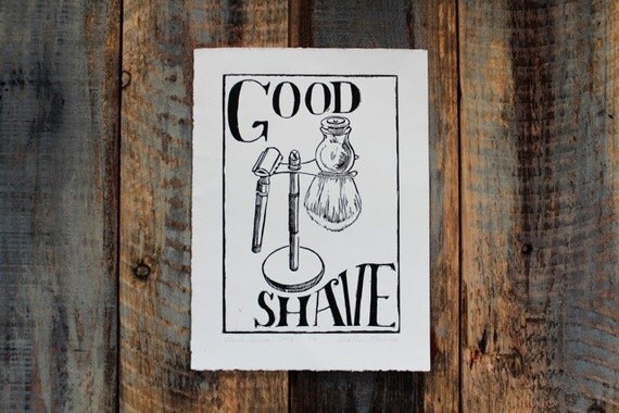 Mens Bathroom Decor Handpulled Linocut Print Vintage Barber