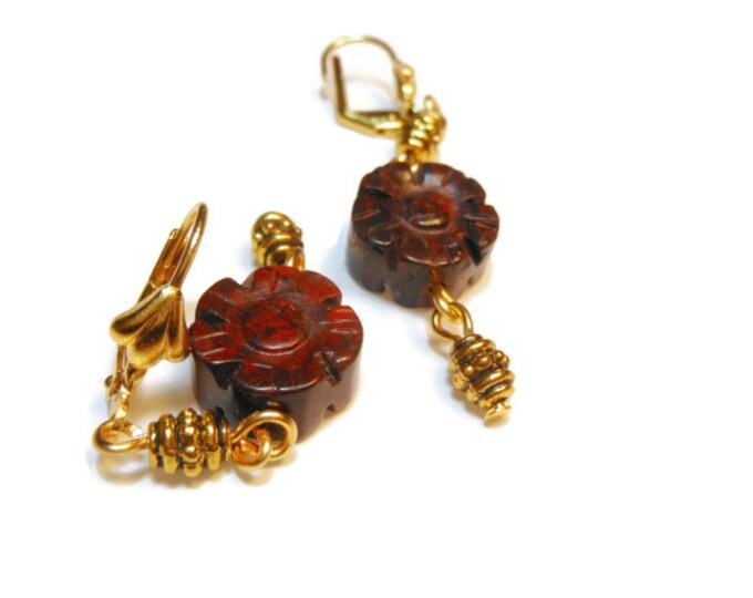 Brecciated Jasper earrings, floral flowers pierced with gold plate beads and wire wrapping, handmade OOAK