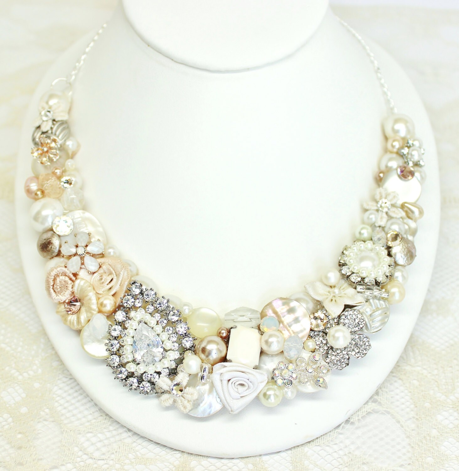 Blush Bridal Necklace Brooch Bib Necklace Pearl and by BrassBoheme