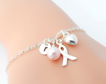 Breast Cancer Bracelet Breast Cancer Awareness Jewelry Custom Initial & Pearl Breast Cancer Awareness Personalized, Survivor Sterling Silver