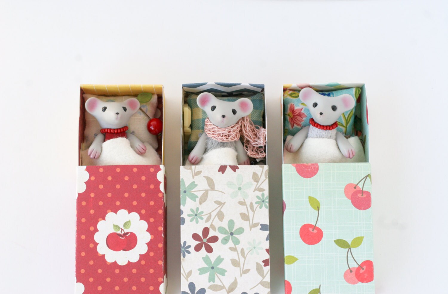 Tiny mouse toy matchbox art mice with bed Miniature handmade