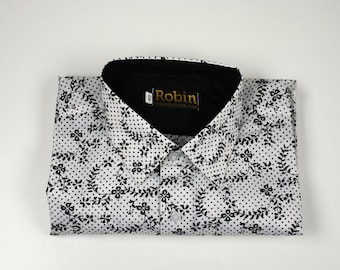 Men's shirt flower print on cotton with block colour inside collar, cuffs. long sleeves 3 made only.