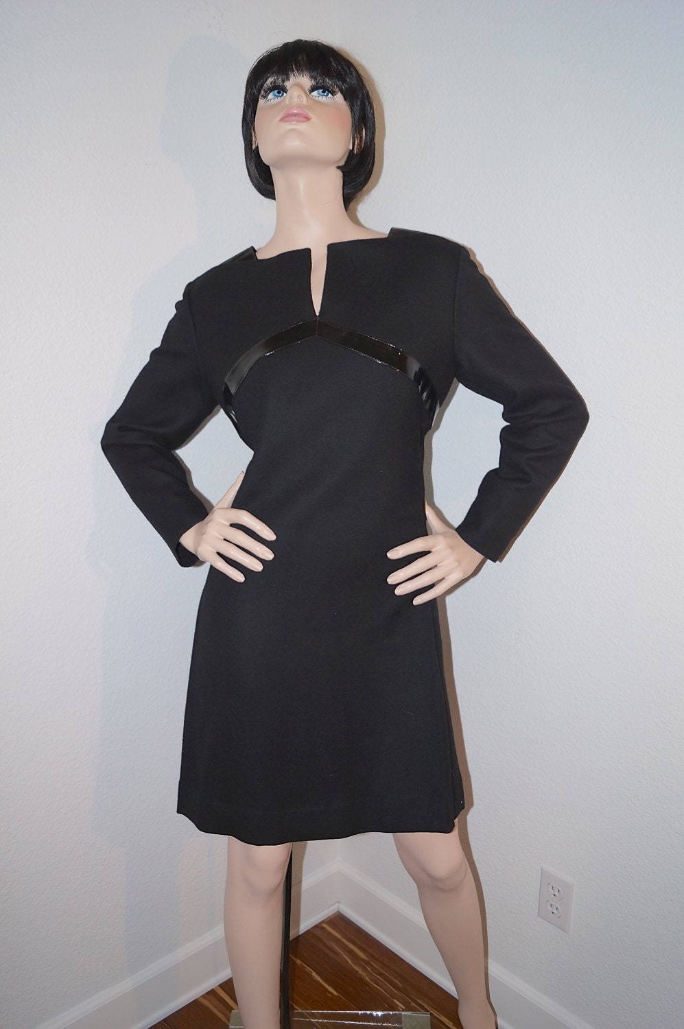 COURREGES Vintage Mod Black Wool A-Line Dress with Patent