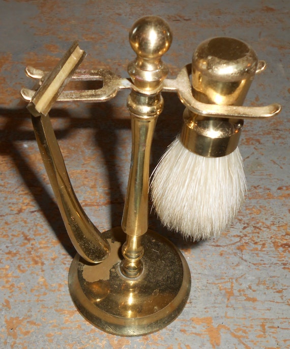 Vintage Shaving Set Brass Brush Razor and Stand Mad Men