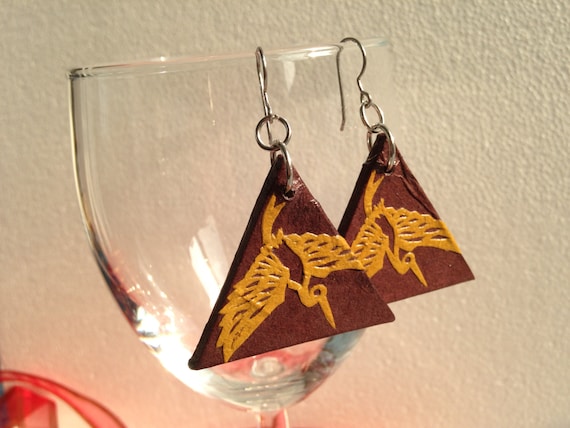 Handmade Hanji Paper Dangle Earrings Triangle Heron Design Brown Bronze Hypoallergenic hooks Lightweight Ear rings