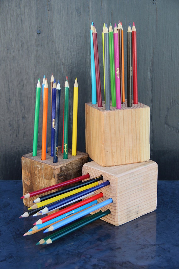 Wood Block Pencil Holder with Pencils Reclaimed Wood by ShopWalrus