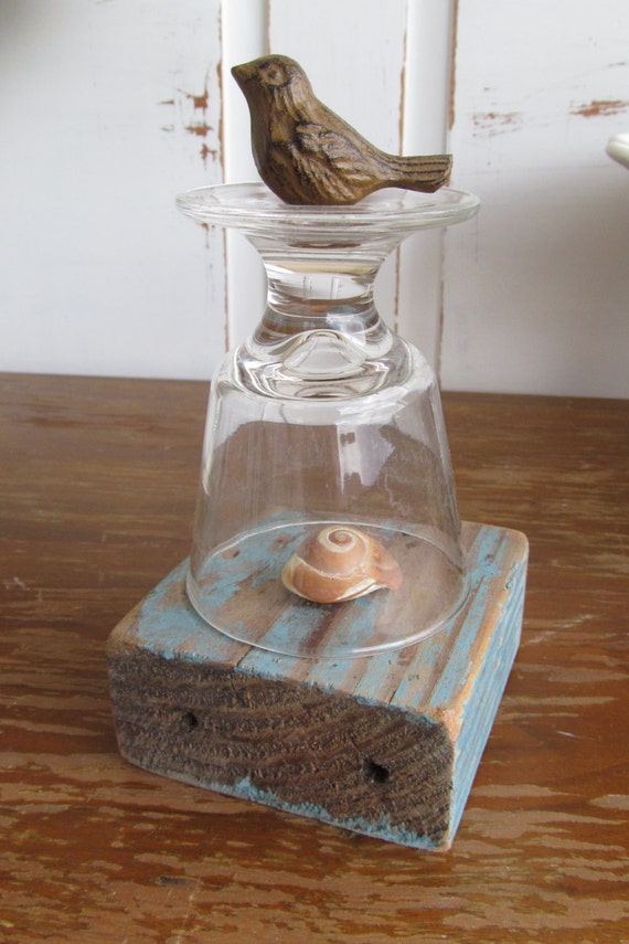 Unique Vintage Glass with Iron Bird Mini Cloche Reclaimed Wood Base