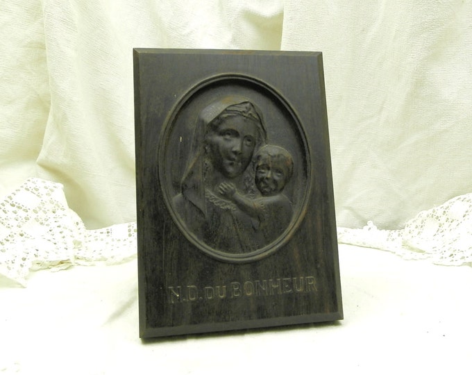 Vintage French Carved Wooden Picture of Virgin Mary and Child Notre Dame du Bonheur, Religious Bas Relief made of Wood, Catholic Religion