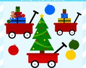 CIJ SALE - Christmas Red Wagons Clip Art - Cute Christmas Clip Art - Digital Christmas Clipart - Tree, Ornaments, Presents, Reindeer, Gifts Il_170x135