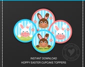 Easter Party Printable - Hoppy Easter Cupcake Toppers Printable - Digital Easter Party Tags - Rabbit, Polka Dots, Stripes, Flowers Il_170x135